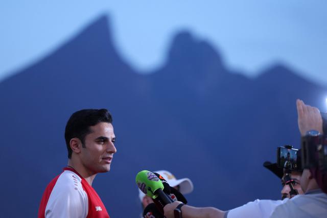 Iraq's forward Ali Yousif speaks to the media ahead of a training session in Monterrey, Mexico on March 30, 2026, ahead of the FIFA World Cup qualifiers final playoff football match against Bolivia on March 31. (Photo by Julio Cesar AGUILAR / AFP)
