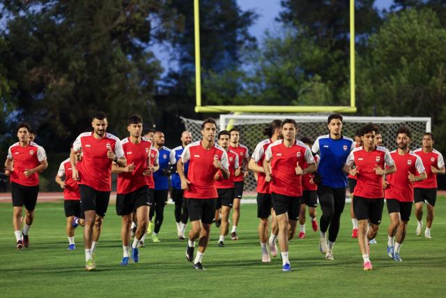 Iraq's players take part in a training session in Monterrey, Mexico on March 30, 2026, ahead of the FIFA World Cup qualifiers final playoff football match against Bolivia on March 31. (Photo by Julio Cesar AGUILAR / AFP)