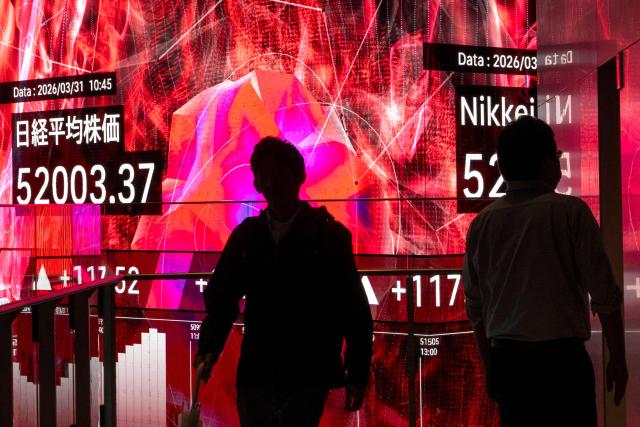 An electronic quotation board displays numbers of the Nikkei Stock Average on the Tokyo Stock Exchange in Tokyo on March 31, 2026. (Photo by Kazuhiro NOGI / AFP)