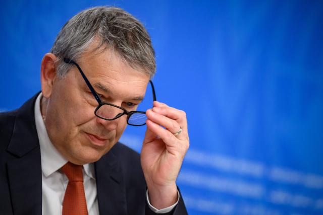 UN agency for Palestinian refugees, UNRWA, outgoing Commissioner-General Philippe Lazzarini adjusts his glasses during his end of mandate press briefing at the United Nations offices in Geneva on March 31, 2026. (Photo by Fabrice COFFRINI / AFP)