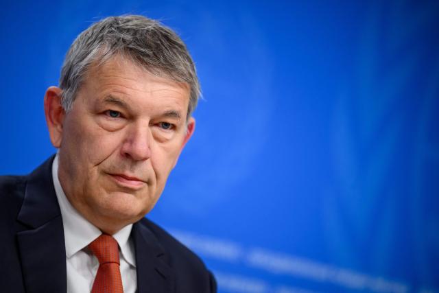 UN agency for Palestinian refugees, UNRWA, outgoing Commissioner-General Philippe Lazzarini looks on during his end of mandate press briefing at the United Nations offices in Geneva on March 31, 2026. (Photo by Fabrice COFFRINI / AFP)