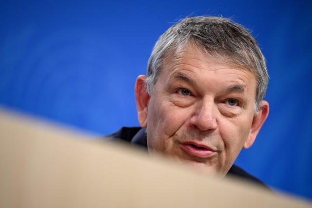 UN agency for Palestinian refugees, UNRWA, outgoing Commissioner-General Philippe Lazzarini speaks during his end of mandate press briefing at the United Nations offices in Geneva on March 31, 2026. (Photo by Fabrice COFFRINI / AFP)