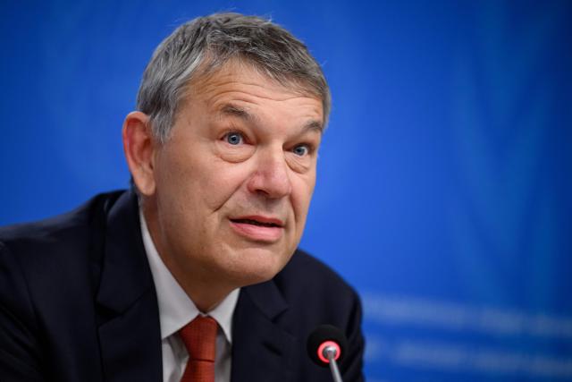 UN agency for Palestinian refugees, UNRWA, outgoing Commissioner-General Philippe Lazzarini speaks during his end of mandate press briefing at the United Nations offices in Geneva on March 31, 2026. (Photo by Fabrice COFFRINI / AFP)