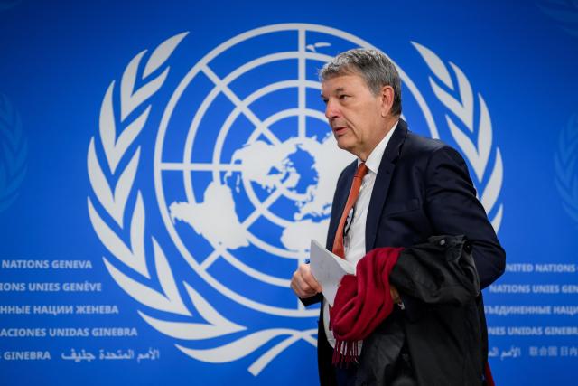 Outgoing UNRWA (United Nations Relief and Works Agency for Palestine Refugees in the Near East) Commissioner-General Philippe Lazzarini leaves after his final press conference at the United Nations offices in Geneva, on March 31, 2026. (Photo by Fabrice COFFRINI / AFP)
