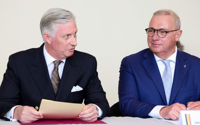 King Philippe - Filip of Belgium and La Louviere Mayor Jacques Gobert attend a roundtable discussion on the socioeconomic revitalisation of the Centre Region (Region du Centre), in La Louviere, March 31, 2026. (Photo by VIRGINIE LEFOUR / Belga / AFP) / Belgium OUT