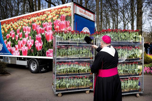 Rotterdam Bishop Johannes van den Hende, president of the Episcopal Conference of the Netherlands, blesses flowers selected for the Easter decoration of St. Peter's Square at the Keukenhof flower park in Lisse, as part of a 40-year tradition of the Netherlands supplying flowers to the Vatican, on March 31, 2026. (Photo by Ramon van Flymen / ANP / AFP) / Netherlands OUT