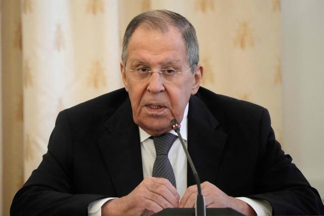 Russia's Foreign Affairs Minister Sergey Lavrov speaks at a general assembly of the Russian International Affairs Council at Zinaida Morozova's Mansion in Moscow on March 31, 2026. (Photo by Alexander Zemlianichenko / POOL / AFP)