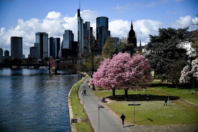 A man jogs along the banks of the Main river past blossoming trees in Frankfurt am Main, western Germany, on March 31, 2026 as the air temperature reached 8 degrees Celsius. (Photo by Kirill KUDRYAVTSEV / AFP)