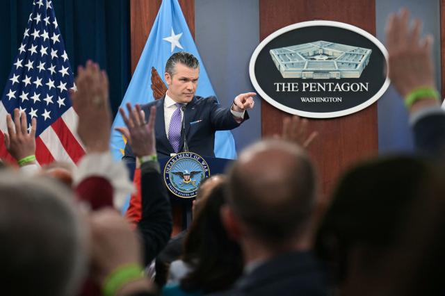 US Secretary of Defense Pete Hegseth speaks during a press briefing at the Pentagon in Washington, DC, on March 31, 2026. Hegseth said Tuesday that talks on ending the Iran war are making progress even as the more than month-long US-Israeli military campaign against the Islamic republic continued. "They are very real. They are ongoing, they are active, and I think, gaining strength," Hegseth told reporters of the negotiations. (Photo by Oliver Contreras / AFP)