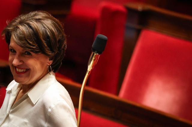 France's Agriculture Minister Annie Genevard reacts at the start of a session of questions to the government at The National Assembly, France's lower house of parliament in Paris on March 31, 2026. (Photo by Anne-Christine POUJOULAT / AFP)