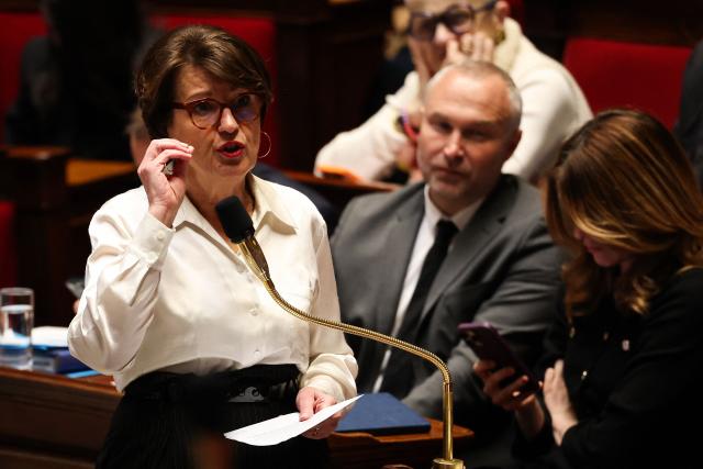 France's Agriculture Minister Annie Genevard gestures as she speaks during a session of questions to the government at The National Assembly, France's lower house of parliament in Paris on March 31, 2026. (Photo by Anne-Christine POUJOULAT / AFP)
