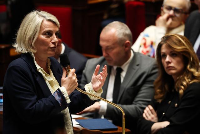 Ensemble Pour la Republique's MP Stephanie Rist speaks during a session of questions to the government at The National Assembly, France's lower house of parliament in Paris on March 31, 2026. (Photo by Anne-Christine POUJOULAT / AFP)
