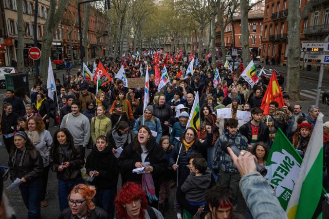 Teachers, educators and supporters demonstrate to protest against teaching post cuts and classroom closures, and to demand higher wages as part of the national strike in the Education nationale in Toulouse on March 31, 2026. (Photo by Ed JONES / AFP)