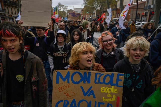 Teachers, educators and supporters demonstrate to protest against teaching post cuts and classroom closures, and demand higher wages as part of the national strike in the Education nationale in Toulouse on March 31, 2026. (Photo by Ed JONES / AFP)