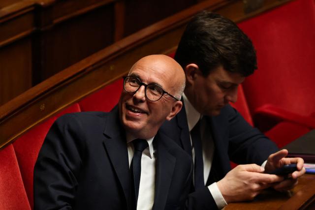 President of UDR parliamentary group Eric Ciotti reacts during a session of questions to the government at The National Assembly, France's lower house of parliament in Paris on March 31, 2026. (Photo by Anne-Christine POUJOULAT / AFP)