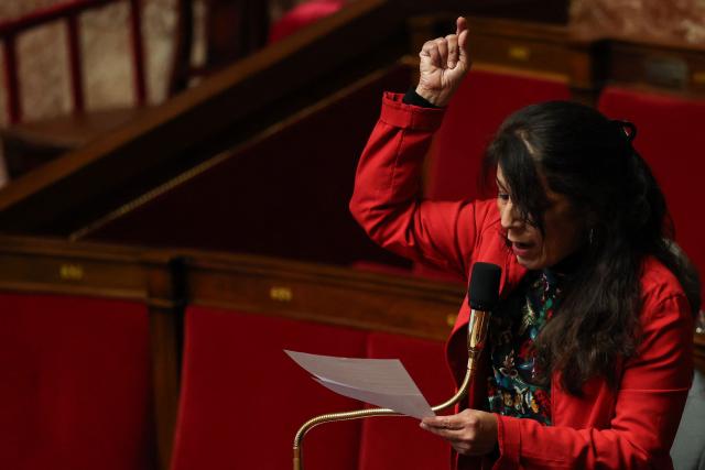 La France Insoumise - Nouveau Front Populaire's MP Sandrine Nosbe gestures as she speaks during a session of questions to the government at The National Assembly, France's lower house of parliament in Paris on March 31, 2026. (Photo by Anne-Christine POUJOULAT / AFP)