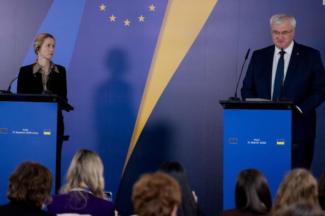 Ukraine's Foreign Minister Andrii Sybiga (R) and EU High Representative and Vice-President for Foreign Affairs and Security Policy Kaja Kallas (L) attend a press conference in Kyiv on March 31, 2026, amid the Russian invasion of Ukraine. (Photo by Tetiana DZHAFAROVA / AFP)