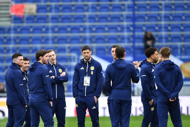 Scotland players check out the conditions ahead of the friendly international football match between Scotland and Ivory Coast at the Hill Dickinson Stadium in Liverpool, north west England on March 31, 2026.  (Photo by PETER POWELL / AFP)