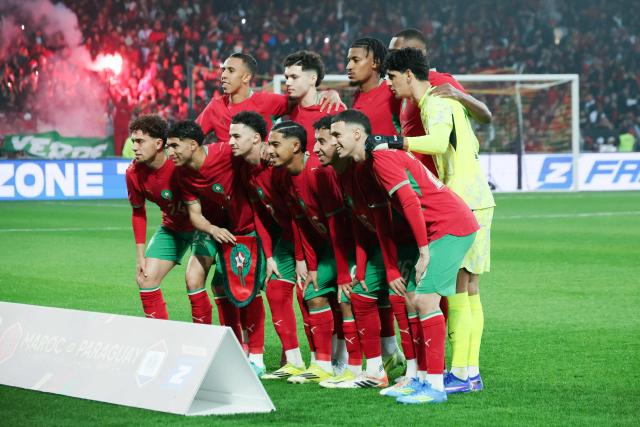 Marocco's team players pose ahead of the friendly football match between Marocco and Uruguay at the Stade Bollaert-Delelis in Lens, northern France on March 31, 2026. (Photo by Francois LO PRESTI / AFP)