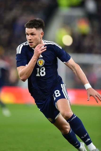 Scotland's striker #18 George Hirst sprints during the friendly international football match between Scotland and Ivory Coast at the Hill Dickinson Stadium in Liverpool, north west England on March 31, 2026.  (Photo by PETER POWELL / AFP)