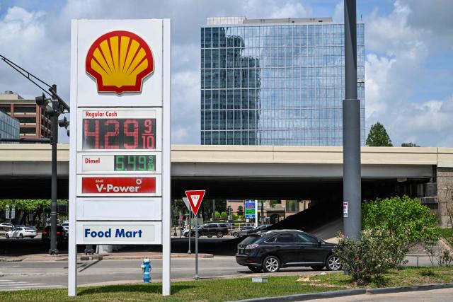 Gasoline prices are seen at a Shell gas station in Houston, Texas, on March 31, 2026. (Photo by RONALDO SCHEMIDT / AFP)