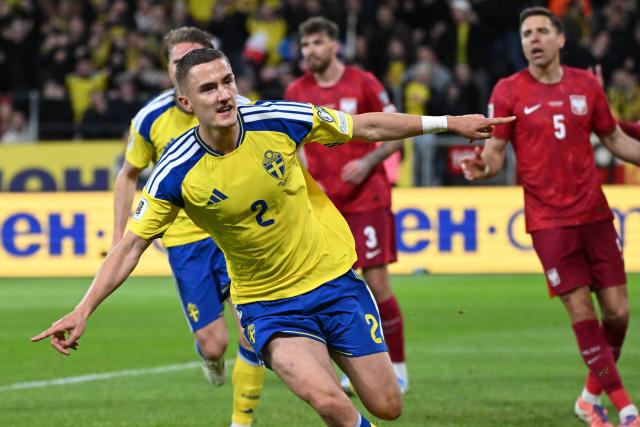 Sweden's defender #02 Gustaf Lagerbielke celebrates scoring his team's second goal 2:1 during the FIFA World Cup 2026 European qualification final football match between Sweden and Poland in Solna, Sweden, on March 31, 2026. (Photo by Jonathan Nackstrand / AFP)