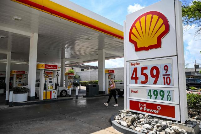 Gasoline prices are seen at a Shell gas station in Houston, Texas, on March 31, 2026. (Photo by RONALDO SCHEMIDT / AFP)