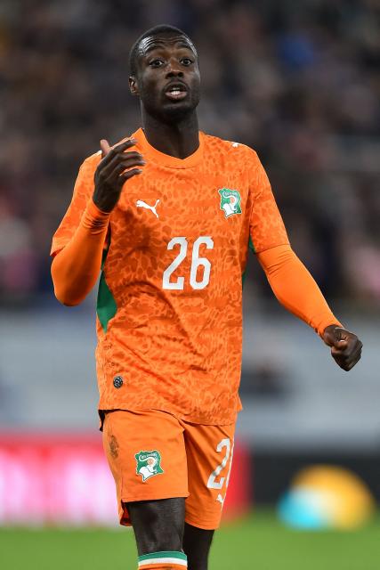 Ivory Coast's forward #26 Nicolas Pépé gestures during the friendly international football match between Scotland and Ivory Coast at the Hill Dickinson Stadium in Liverpool, north west England on March 31, 2026.  (Photo by PETER POWELL / AFP)