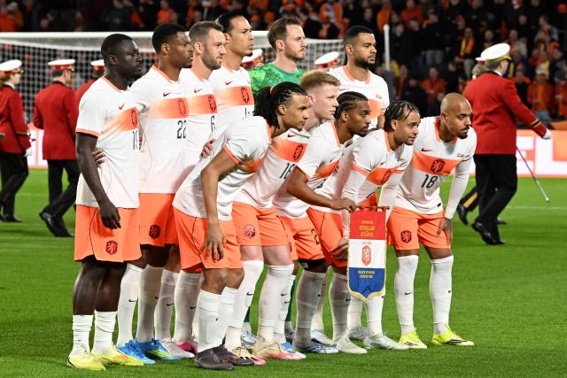 The Netherlands players pose for a team photograph ahead of the friendly international football match between the Netherlands and Ecuador at the PSV Stadium in Eindhoven on March 31, 2026. (Photo by JOHN THYS / AFP)