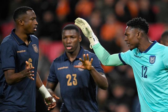 Ecuador's Goalkeeper #12 David Cabezas (R) reacts during the friendly international football match between the Netherlands and Ecuador at the PSV Stadium in Eindhoven on March 31, 2026. (Photo by JOHN THYS / AFP)