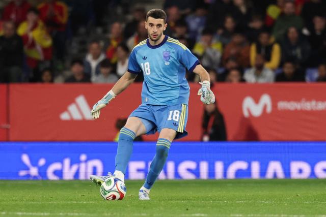 Spain's goalkeeper #18 Joan Garcia kicks the ball during the international friendly football match between Spain and Egypt at RCDE Stadium in Cornella de Llobregat, near Barcelona, on March 31, 2026. (Photo by Lluis GENE / AFP)