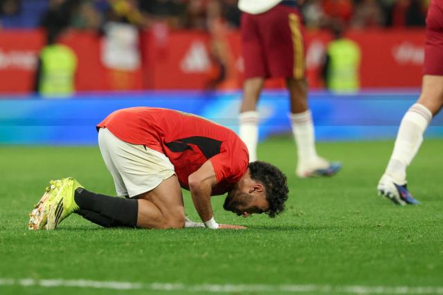Egypt's midfielder #19 Marwan Attia reacts at the end of the international friendly football match between Spain and Egypt at RCDE Stadium in Cornella de Llobregat, near Barcelona, on March 31, 2026. The match ended in a scoreless draw 0-0. (Photo by Lluis GENE / AFP)