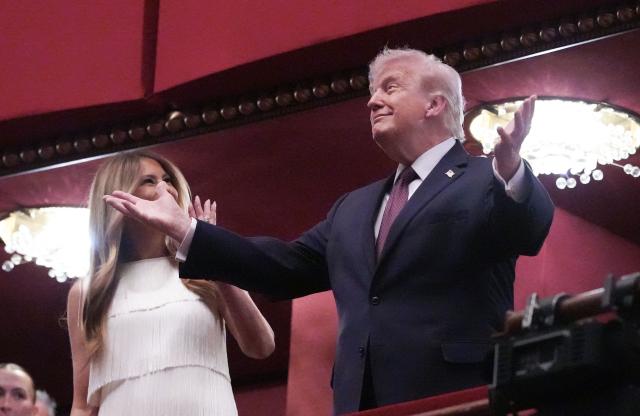 US President Donald Trump and US First Lady Melania Trump attend the opening night of "Chicago" at the Kennedy Center in Washington, DC, on March 31, 2026. (Photo by Ken Cedeno / AFP)