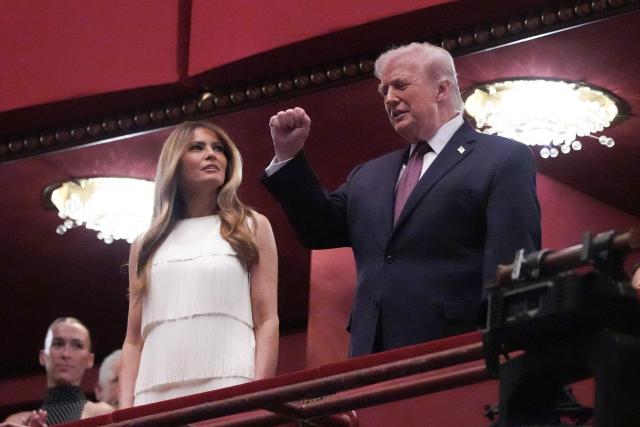 US President Donald Trump and US First Lady Melania Trump attend the opening night of "Chicago" at the Kennedy Center in Washington, DC, on March 31, 2026. (Photo by Ken Cedeno / AFP)