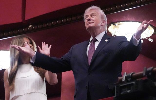 US President Donald Trump and US First Lady Melania Trump attend the opening night of "Chicago" at the Kennedy Center in Washington, DC, on March 31, 2026. (Photo by Ken Cedeno / AFP)