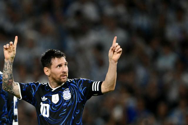 Argentina's forward #10 Lionel Messi celebrates scoring his team's second goal during a friendly football match between Argentina and Zambia at La Bombonera stadium in Buenos Aires on March 31, 2026. (Photo by Luis ROBAYO / AFP)