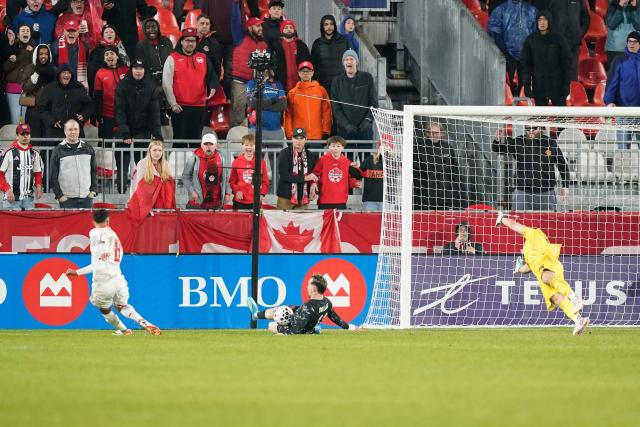 Canada's forward #11 Liam Millar blocks a shot from Tunisia's forward #08 Elias Saad during a friendly between Canada and Tunisia at BMO Field in Toronto, Ontario on March 31, 2026. (Photo by Geoff Robins / AFP)