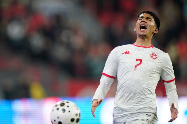 Tunisia's forward #07 Khalil Ayari reacts after failing to score during a friendly football match between Canada and Tunisia at BMO Field in Toronto, Canada, on March 31, 2026. (Photo by Geoff Robins / AFP)