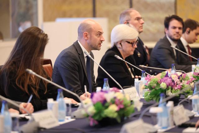 (L to R) Jean-Noel Barrot, French Minister for Europe and Foreign Affairs and Catherine Vautrin, French Minister for the Armed Forces and Veterans Affairs speak during a meeting with Motegi Toshimitsu, Japanese Minister for Foreign Affairs, and Koizumi Shinjiro, Japanese Defence Minister, (not in picture) at Iikura Guest House in Tokyo on April 1, 2026. (Photo by Rodrigo Reyes Marin / POOL / AFP)
