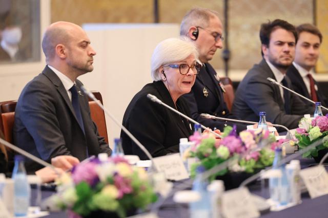 (L to R) Jean-Noel Barrot, French Minister for Europe and Foreign Affairs and Catherine Vautrin, French Minister for the Armed Forces and Veterans Affairs speak during a meeting with Motegi Toshimitsu, Japanese Minister for Foreign Affairs, and Koizumi Shinjiro, Japanese Defence Minister, (not in picture) at Iikura Guest House in Tokyo on April 1, 2026. (Photo by Rodrigo Reyes Marin / POOL / AFP)