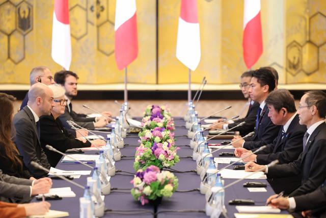 Motegi Toshimitsu (center-L) , Japanese Minister for Foreign Affairs, and Koizumi Shinjiro (center-L), Japanese Defence Minister, attend a meeting with Jean-Noel Barrot (center-R), French Minister for Europe and Foreign Affairs and Catherine Vautrin (center-R), French Minister for the Armed Forces and Veterans Affairs (not in picture) at Iikura Guest House in Tokyo on April 1, 2026. (Photo by Rodrigo Reyes Marin / POOL / AFP)