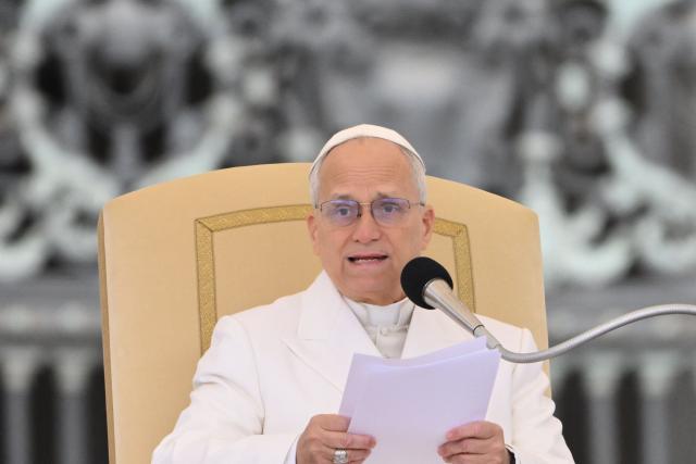 Pope Leo XIV delivers his speech during his weekly general audience at St. Peter’s square in the Vatican on April 1, 2026. (Photo by Alberto PIZZOLI / AFP)
