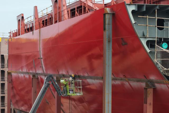 A general view shows the construction of a vessel at Nantong Huateng Intelligent Equipment Manufacturing Co., Ltd. in the Tongzhou Bay High-end Equipment Port Industrial Park in Nantong, in China's eastern Jiangsu province on March 31, 2026. (Photo by CN-STR / AFP) / China OUT