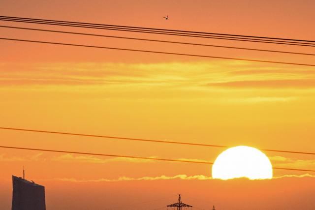 The sun rises behind a pylon and power lines with the European Central Bank's (ECB) headquarters seen in the background in  Frankfurt am Main, western Germany, on April 1, 2026. (Photo by Kirill KUDRYAVTSEV / AFP)