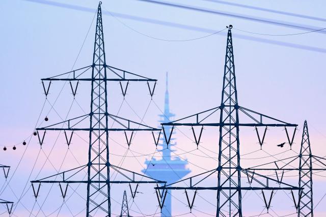 A bird flies past power line supports with the TV tower in the background near an industrial area in Frankfurt am Main, western Germany, on April 1, 2026. (Photo by Kirill KUDRYAVTSEV / AFP)
