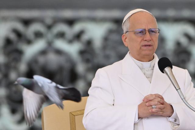 Pope Leo XIV prays during his weekly general audience at St. Peter’s square in the Vatican on April 1, 2026. (Photo by Alberto PIZZOLI / AFP)