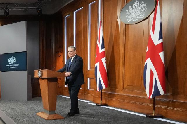 British Prime Minister Keir Starmer speaks during a press conference to update on the latest situation in the Middle East and how the government is supporting families at home at 10 Downing Street in London, on April 1, 2026. (Photo by Frank Augstein / POOL / AFP)