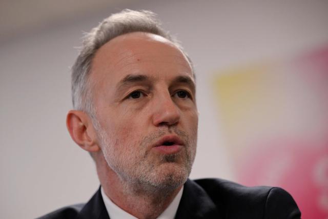 Paris Mayor Emmanuel Gregoire speaks during a mental health conference (Assises de la sante mentale) in Paris on April 1, 2026. (Photo by Anna KURTH / AFP)