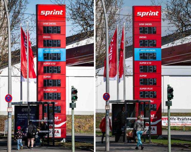 (COMBO) - This combination of two pictures created on April 1, 2026 and taken on March 4, 2026 (L) and on April 1, 2026 showing the digital displays with the price of petrol at a Sprint petrol station in Berlin, with a rise of almost 0,40 euros within roughly one month. Leading economic institutes more than halved their growth forecast for Germany on  April 1, 2026, warning that the energy shock caused by the Middle East war would hit Europe's top economy hard. (Photo by John MACDOUGALL / AFP)
