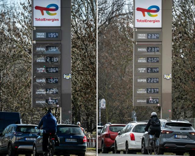 (COMBO) - This combination of two pictures created on April 1, 2026 and taken on March 4, 2026 (L) and on April 1, 2026 showing a person cycling past digital displays with the price of petrol at a Total petrol station in Berlin, with a rise of almost 0,40 euros within roughly one month. Leading economic institutes more than halved their growth forecast for Germany on  April 1, 2026, warning that the energy shock caused by the Middle East war would hit Europe's top economy hard. (Photo by John MACDOUGALL / AFP)